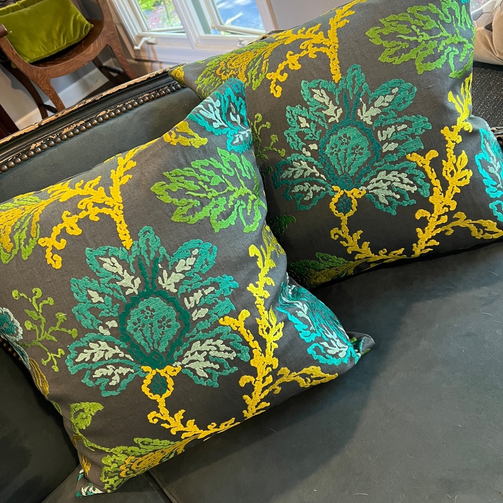 Custom made 20x20 pillows with embroidered linen yardage.